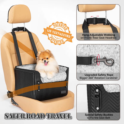 [5-Year Warranty] PETSFIT Small Dog Car Seat, Waterproof PU Leather Dog Carseat with Patent Safe Buckles, Clip-On Leash, Car Seat for Dogs, Cats up to 25 Lbs