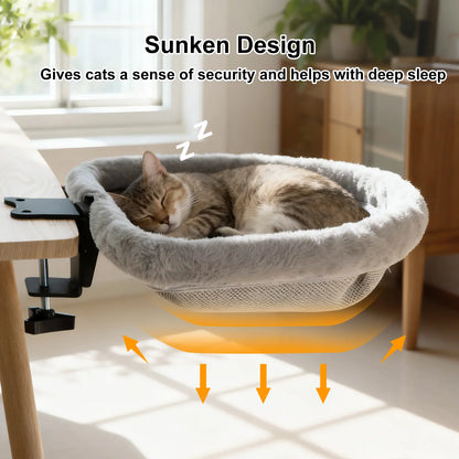 Cat Desk Bed - Space-Saving Semi-Circular Design with One-Click Folding, Soft Faux Rabbit Fur, Supports Up to 40 lbs, Ideal for Various Desktop Surfaces