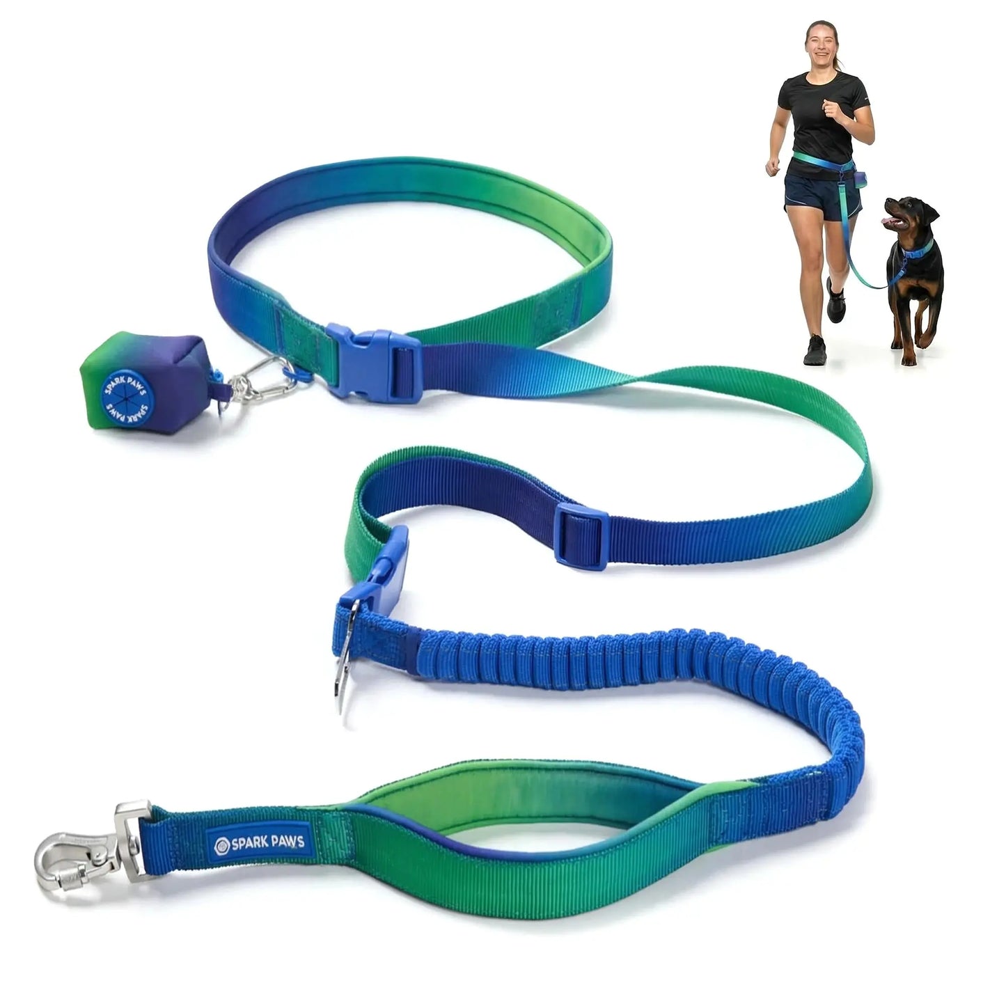 Spark Paws Handsfree Dog Leash – Shock Absorbing Waist Bungee Lead for Running, Car Seatbelt Clip & Poop Bag Set, Heavy Duty Tactical Lead for Medium, Large & X-Large Breeds