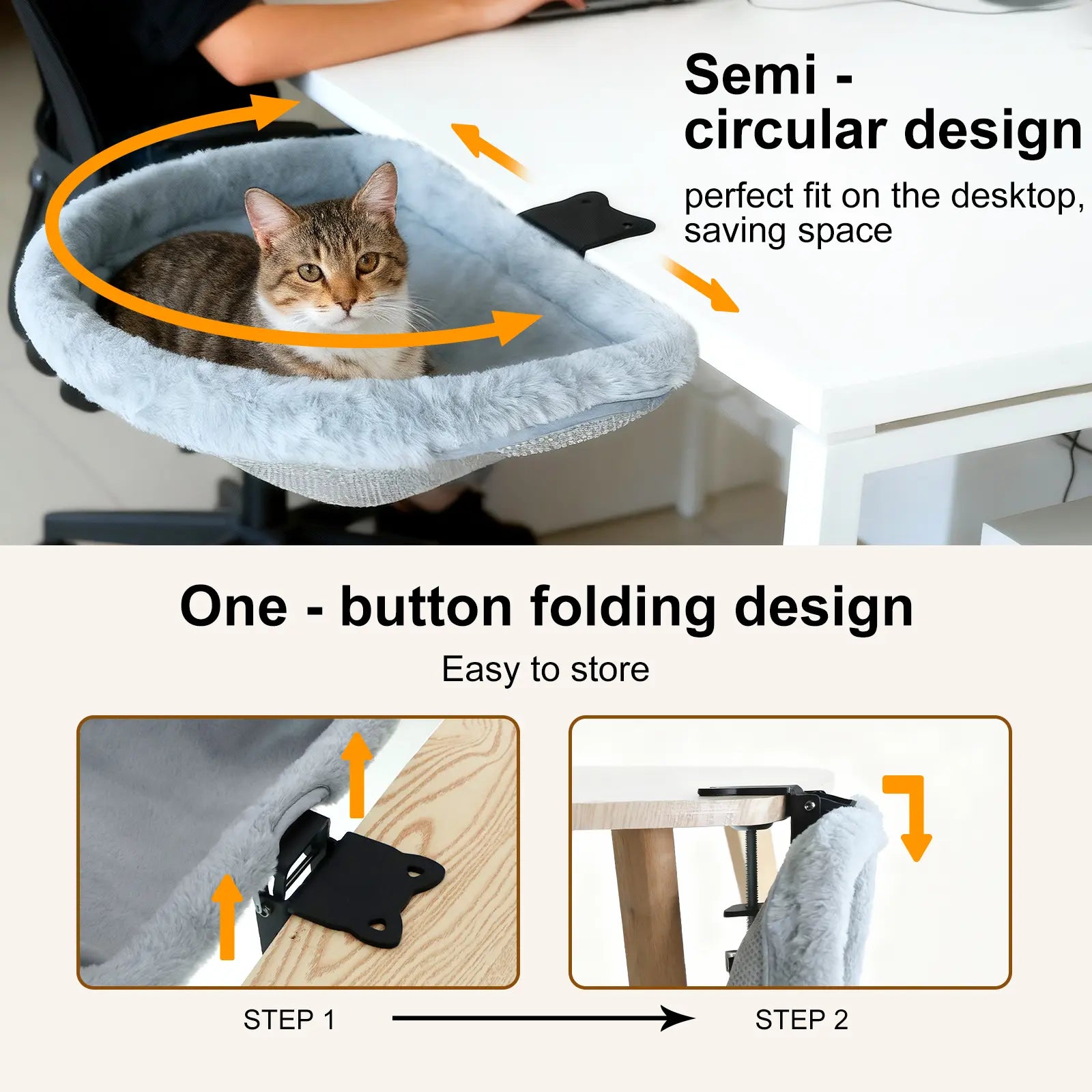 Cat Desk Bed - Space-Saving Semi-Circular Design with One-Click Folding, Soft Faux Rabbit Fur, Supports Up to 40 lbs, Ideal for Various Desktop Surfaces