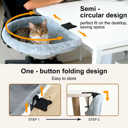 Cat Desk Bed - Space-Saving Semi-Circular Design with One-Click Folding, Soft Faux Rabbit Fur, Supports Up to 40 lbs, Ideal for Various Desktop Surfaces