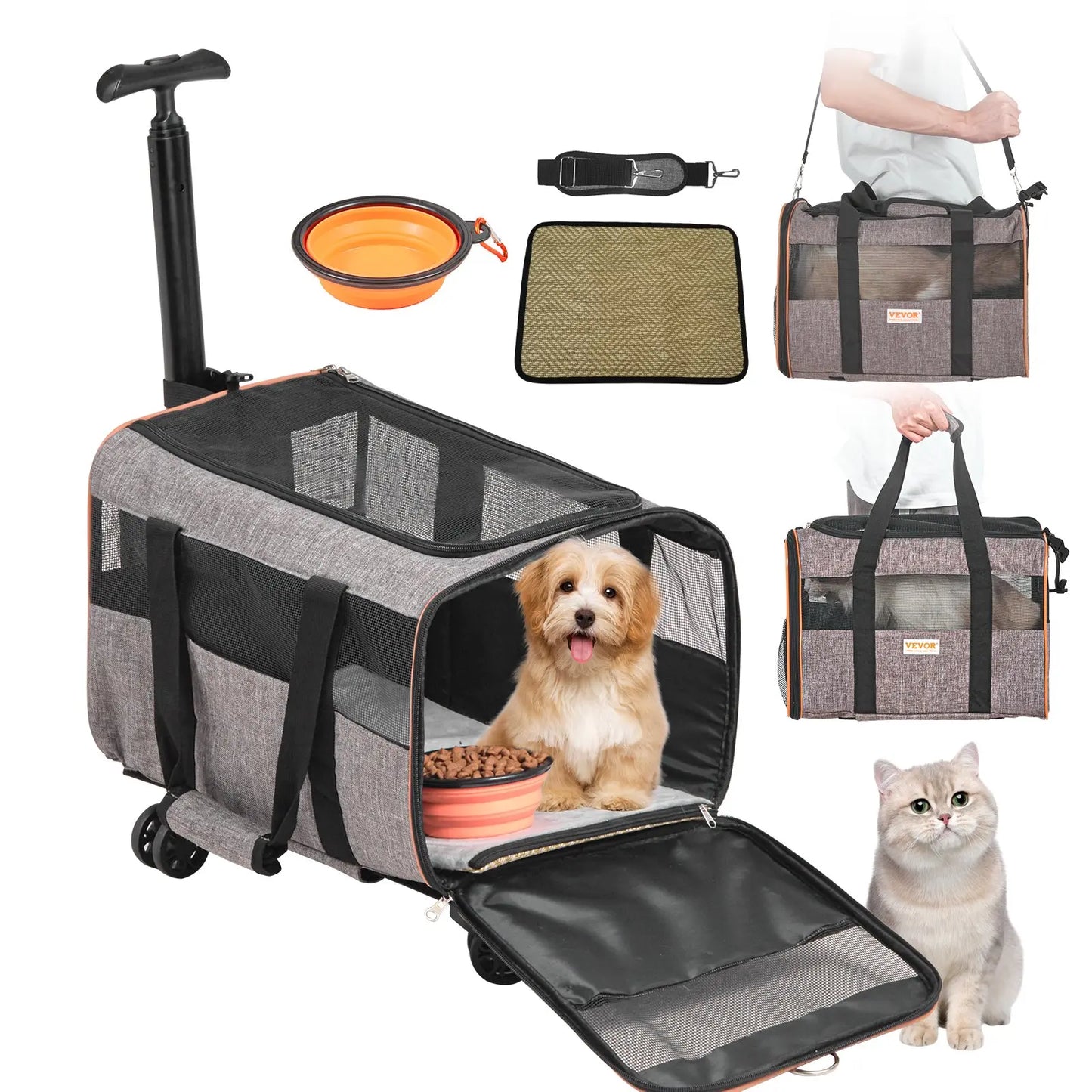 VEVOR Cat Carrier with Wheels, Tiktokshopblackfriday, Airline Approved Rolling Pet Carrier with Telescopic Handle and Shoulder Strap, Dog Carrier with Wheels for Pets, with 1 Folding Bow Summervibesl