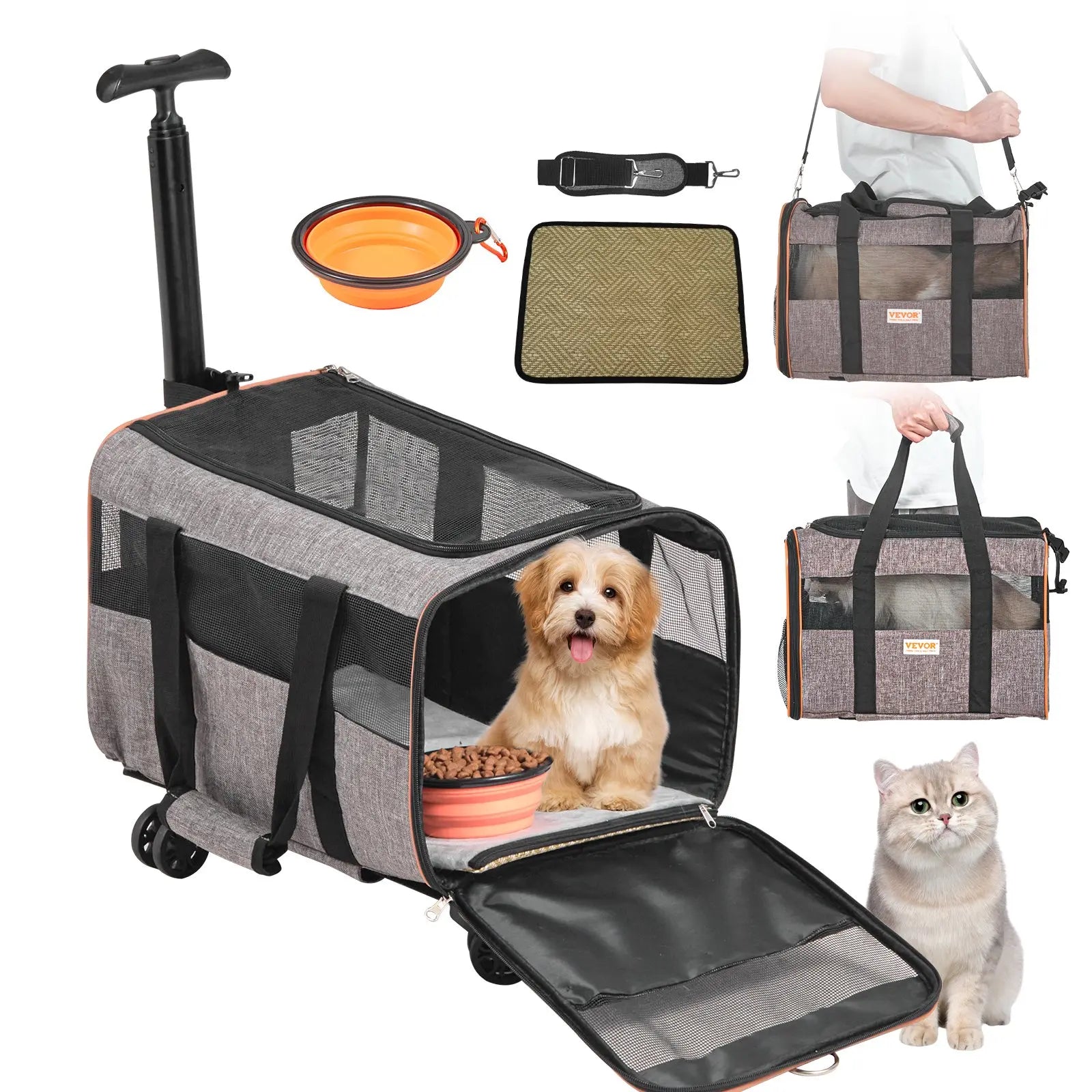 VEVOR Cat Carrier with Wheels, Tiktokshopblackfriday, Airline Approved Rolling Pet Carrier with Telescopic Handle and Shoulder Strap, Dog Carrier with Wheels for Pets, with 1 Folding Bow Summervibesl