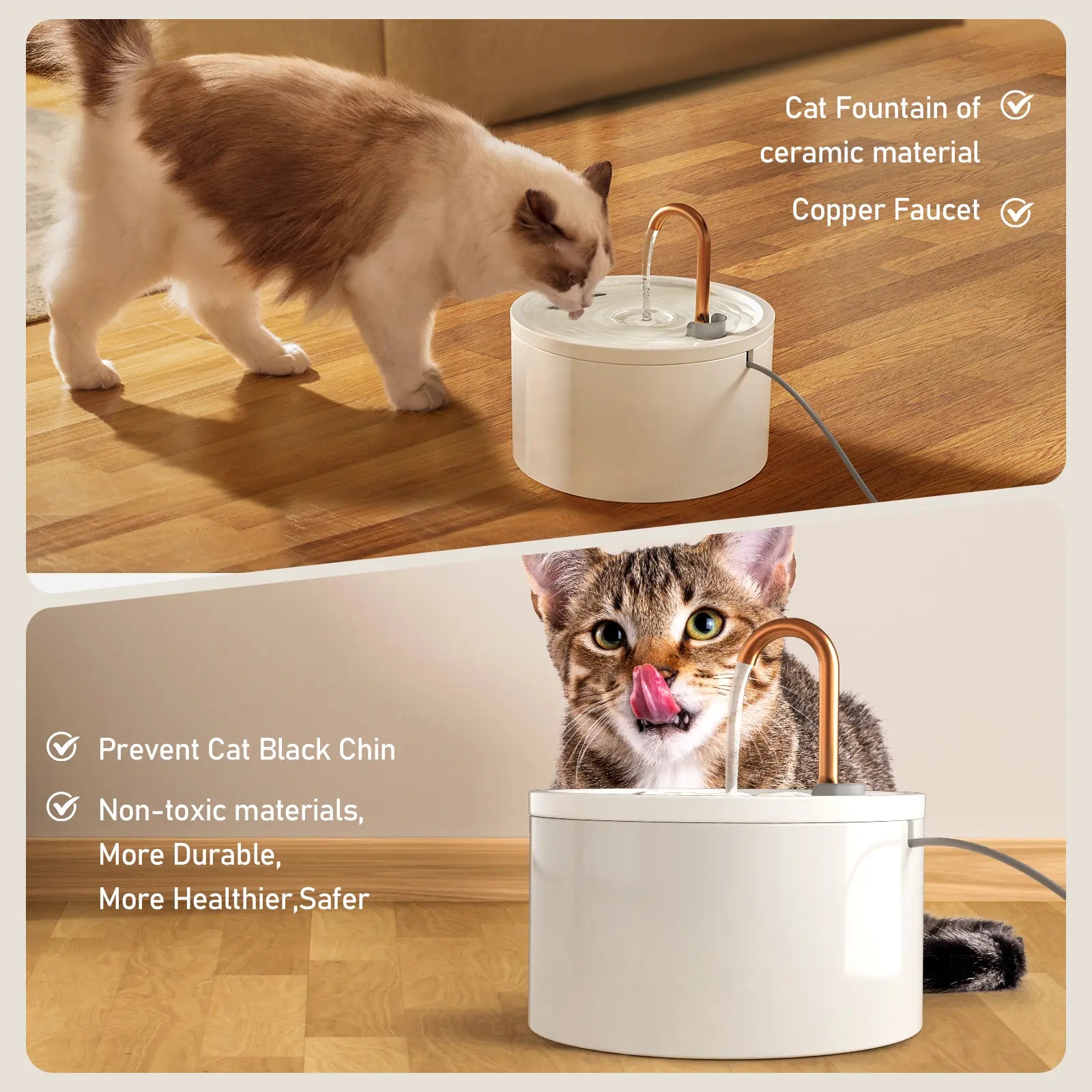 MISFANS 2.1L Ceramic Cat Fountain D02– Ultra Quiet, Self-Cleaning Water Dispenser for Cats & Small Pets | Elegant White/Black Design, Includes 3 Filters & Sponges|Wired Plug-In Model