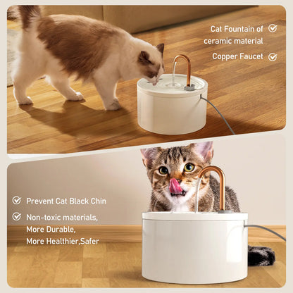 MISFANS 2.1L Ceramic Cat Fountain D02– Ultra Quiet, Self-Cleaning Water Dispenser for Cats & Small Pets | Elegant White/Black Design, Includes 3 Filters & Sponges|Wired Plug-In Model