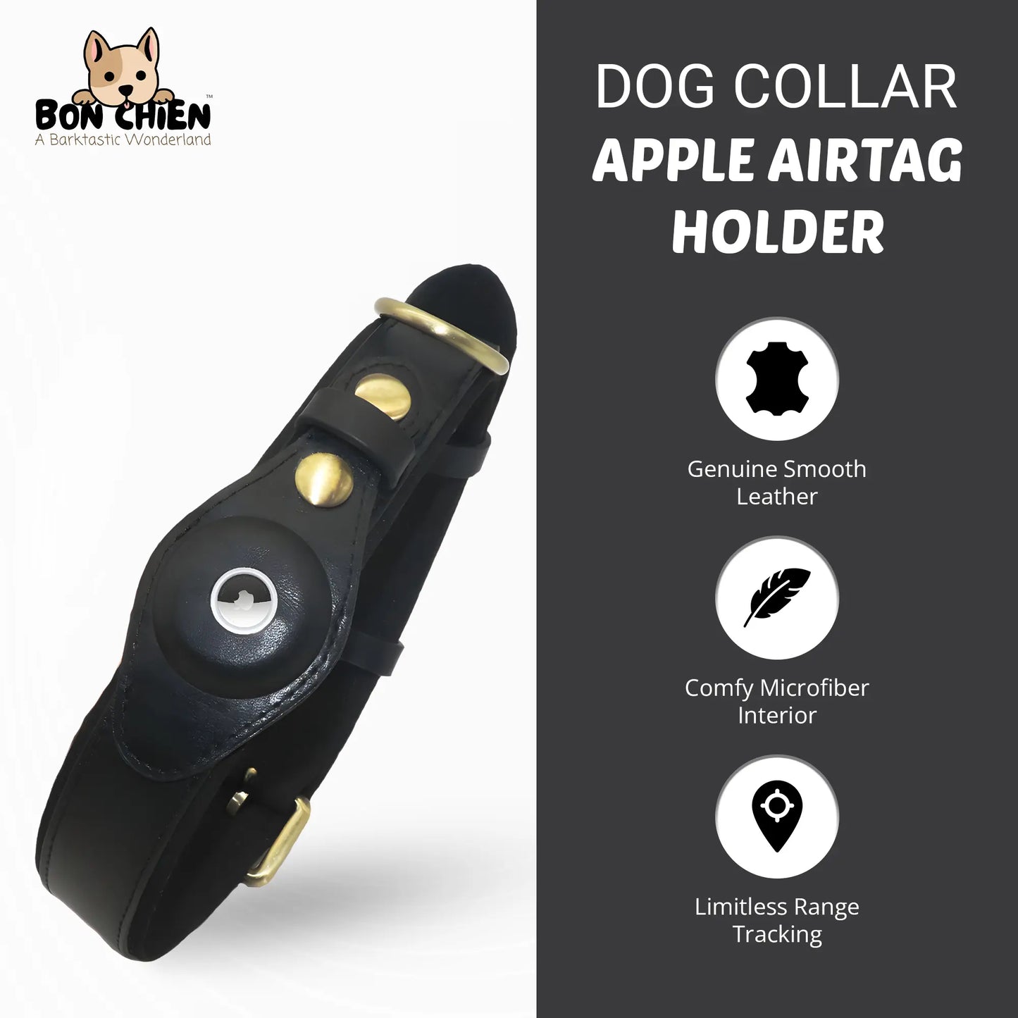 Bon Chien Premium Leather Dog Collar with Apple AirTag Holder - Waterproof and Adjustable Pet Accessory for Secure Tracking of Your Beloved Dog