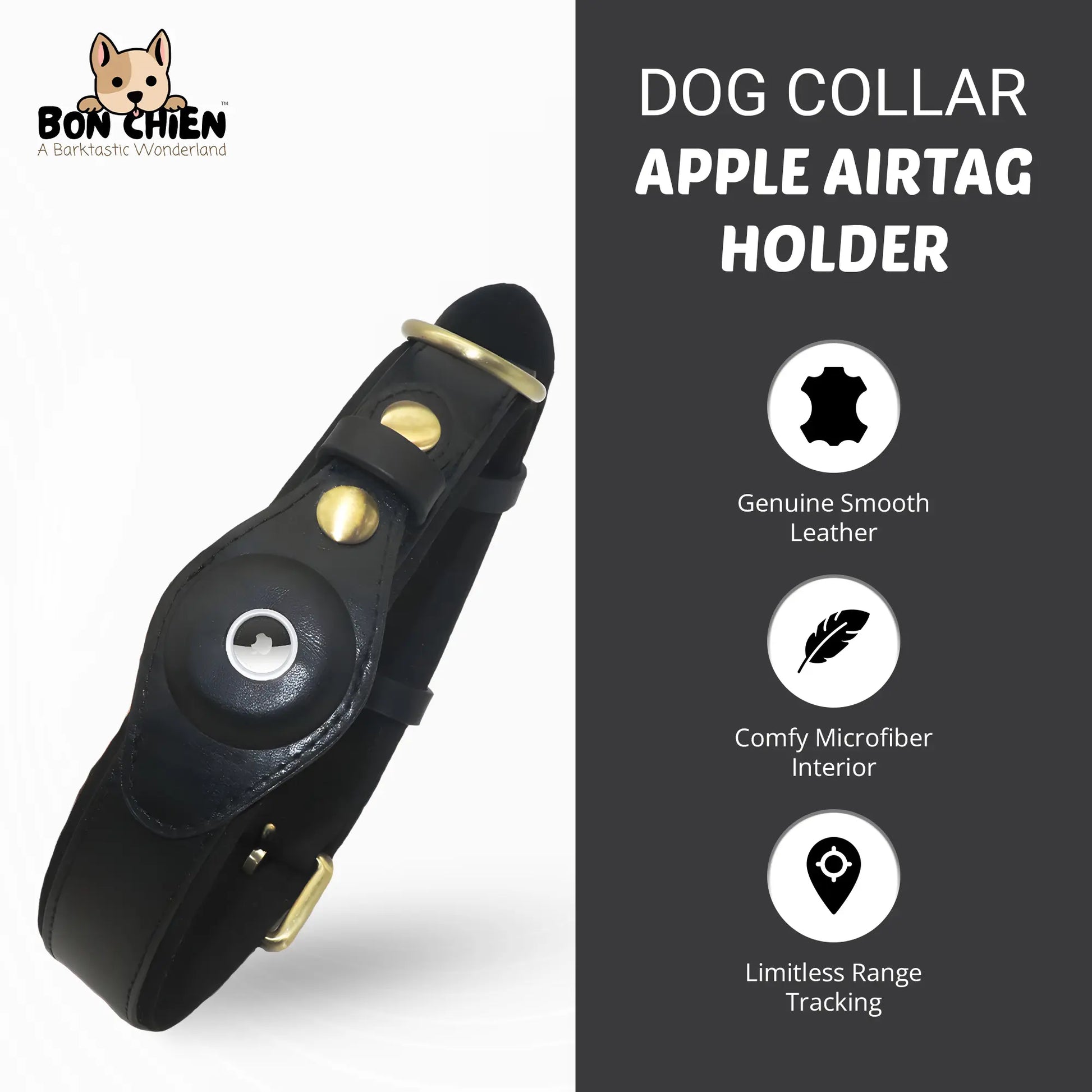 Bon Chien Premium Leather Dog Collar with Apple AirTag Holder - Waterproof and Adjustable Pet Accessory for Secure Tracking of Your Beloved Dog