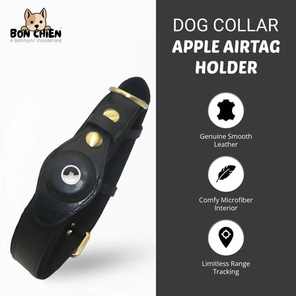 Bon Chien Premium Leather Dog Collar with Apple AirTag Holder - Waterproof and Adjustable Pet Accessory for Secure Tracking of Your Beloved Dog