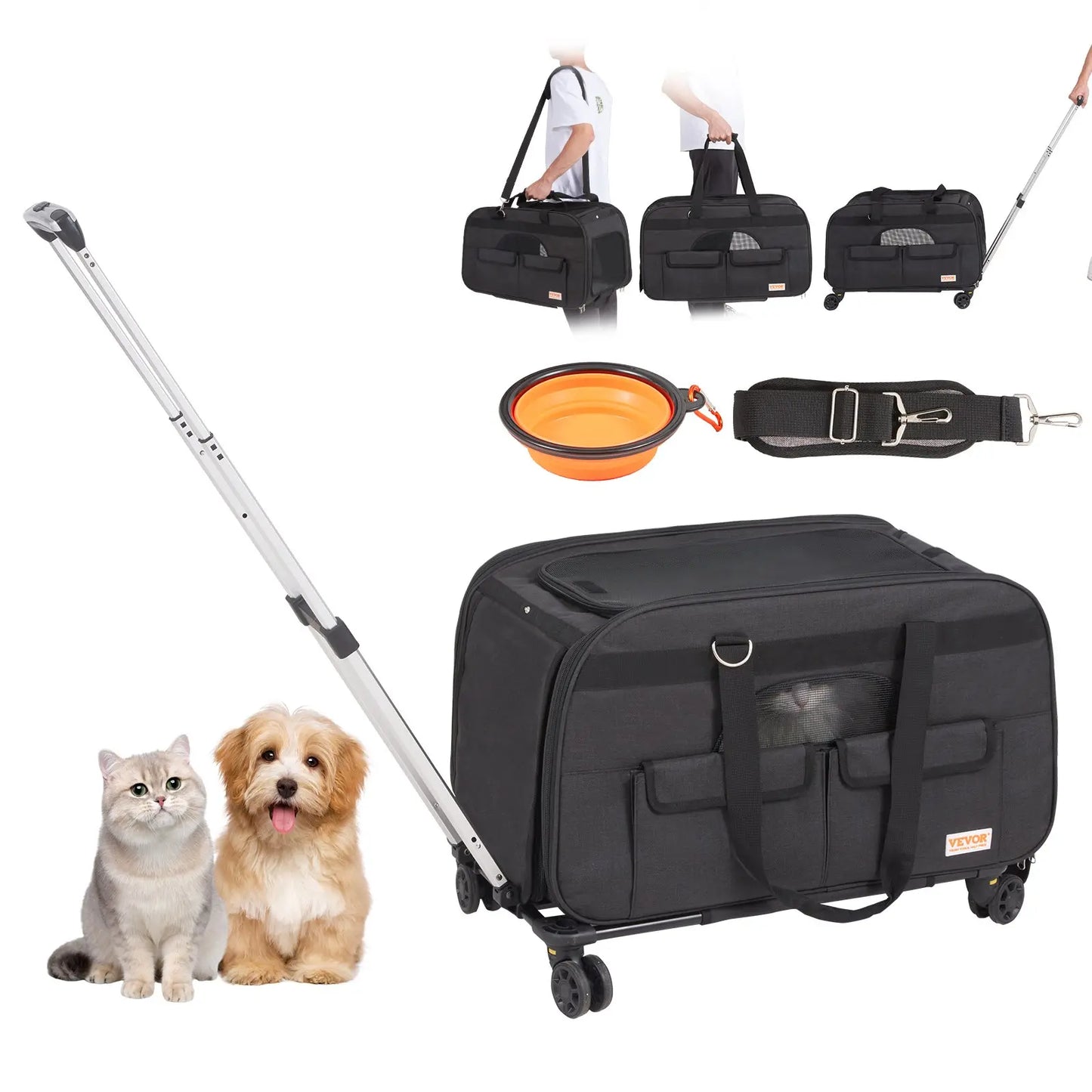 VEVOR Cat Carrier with Wheels, Tiktokshopblackfriday, Airline Approved Rolling Pet Carrier with Telescopic Handle and Shoulder Strap, Dog Carrier with Wheels for Pets, with 1 Folding Bow Summervibesl