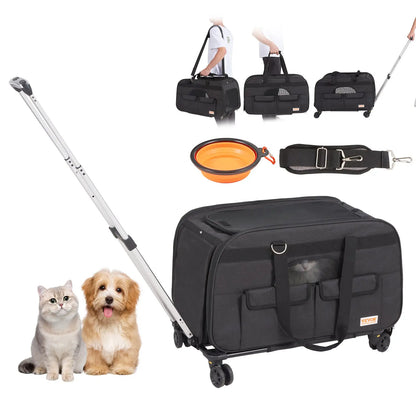VEVOR Cat Carrier with Wheels, Tiktokshopblackfriday, Airline Approved Rolling Pet Carrier with Telescopic Handle and Shoulder Strap, Dog Carrier with Wheels for Pets, with 1 Folding Bow Summervibesl