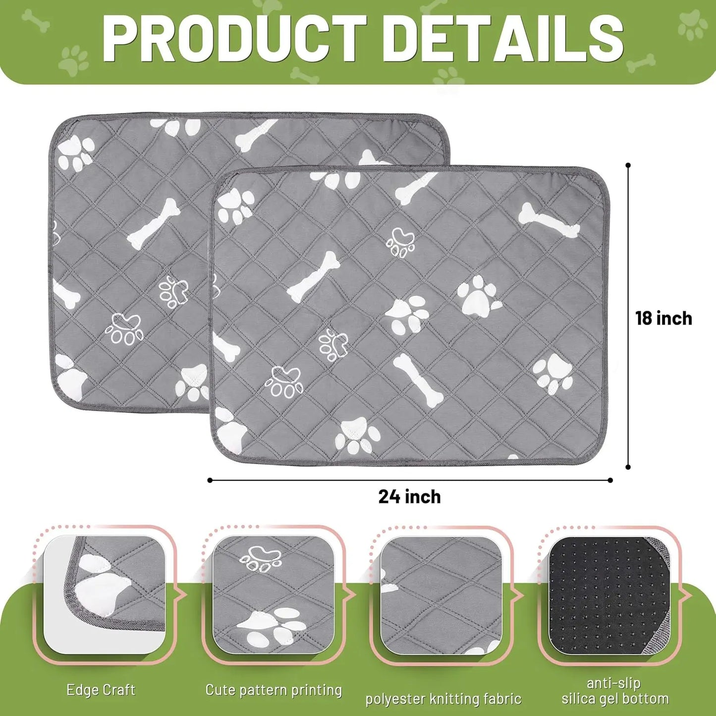 Washable Pee Pads for Dogs, 18'' X 24" Reusable Puppy Pads with Absorbent for Pet, Housebreaking and Incontinence, 2 Pack Puppy Potty Pads with Waterproof Bottom