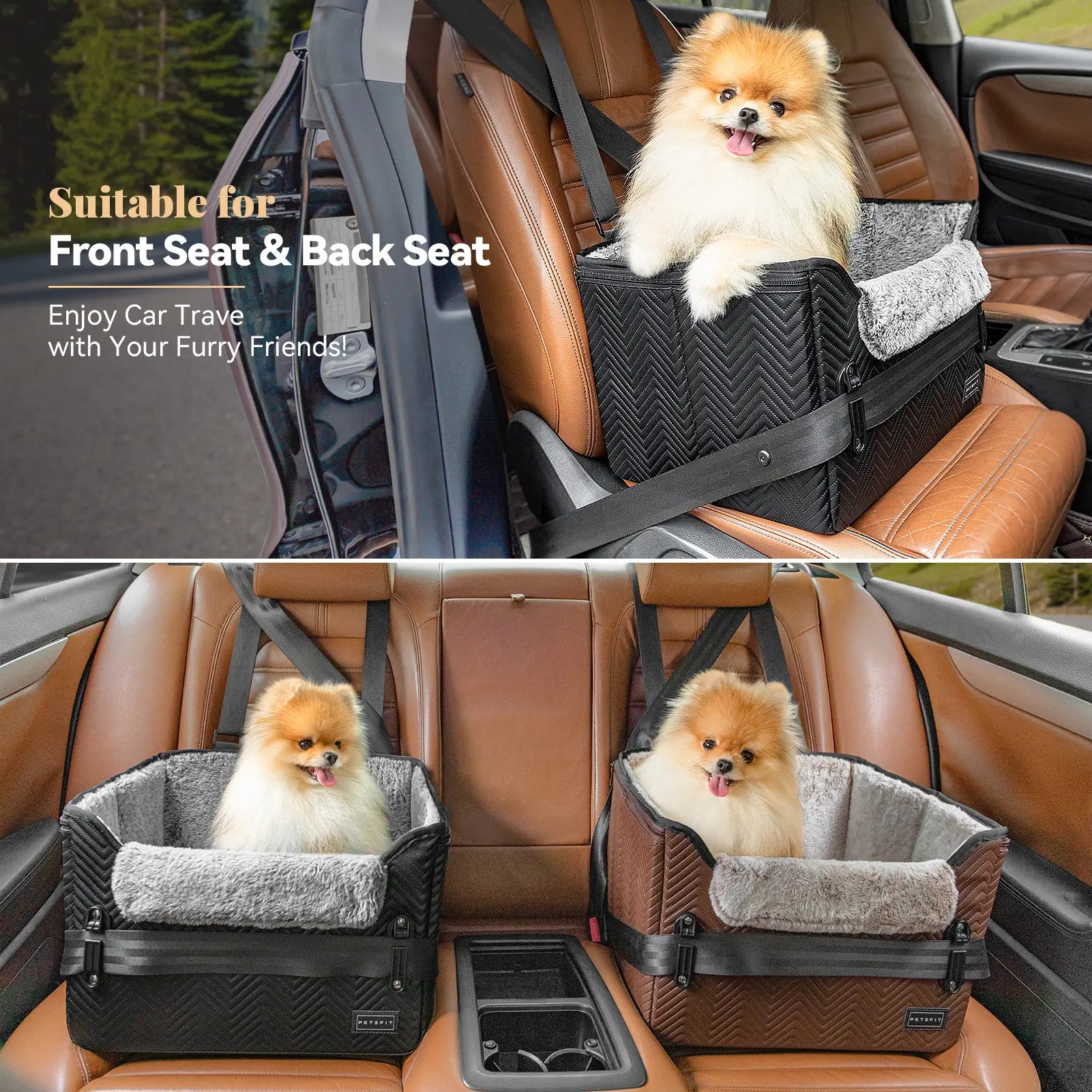 [5-Year Warranty] PETSFIT Small Dog Car Seat, Waterproof PU Leather Dog Carseat with Patent Safe Buckles, Clip-On Leash, Car Seat for Dogs, Cats up to 25 Lbs