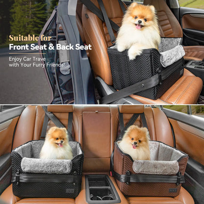 [5-Year Warranty] PETSFIT Small Dog Car Seat, Waterproof PU Leather Dog Carseat with Patent Safe Buckles, Clip-On Leash, Car Seat for Dogs, Cats up to 25 Lbs