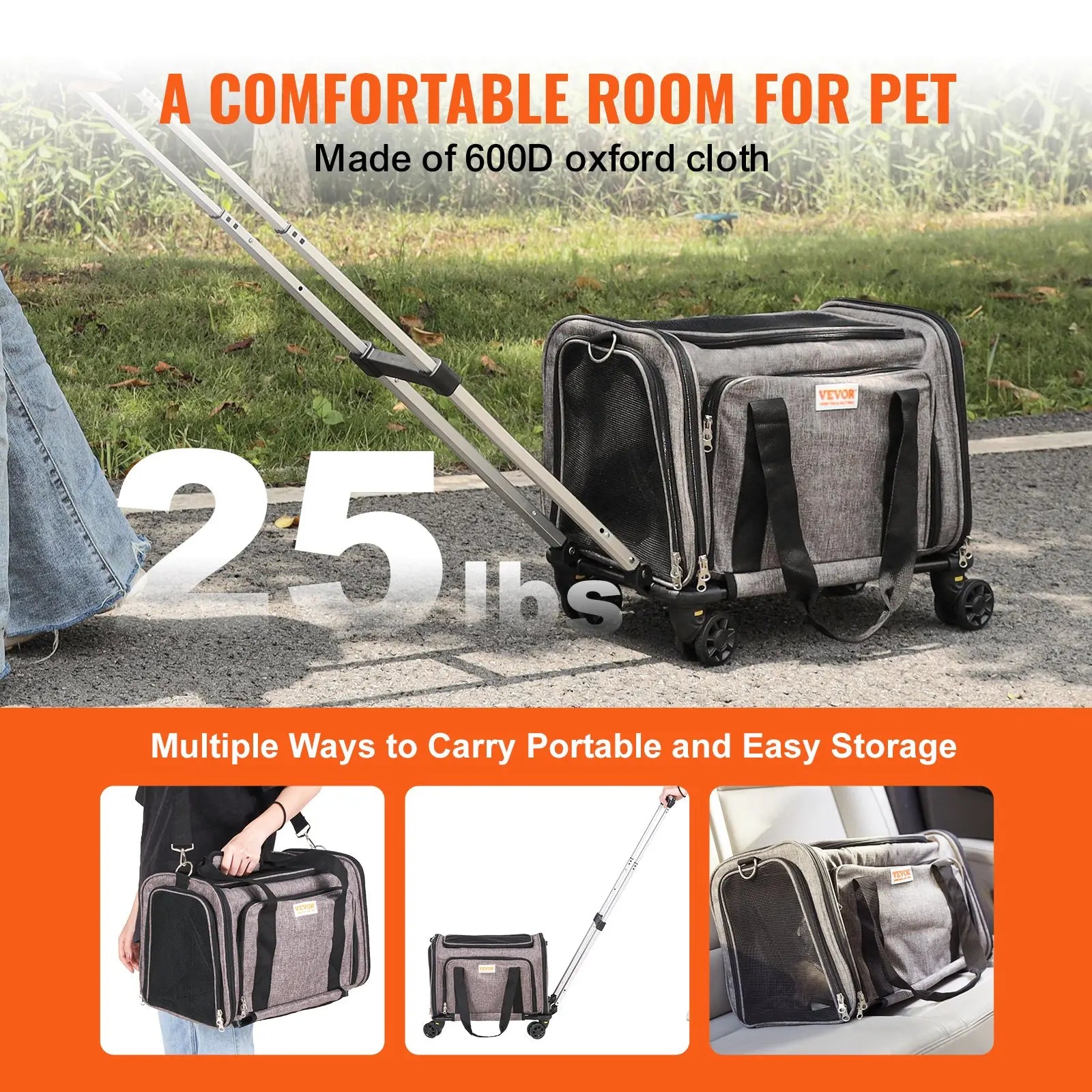 VEVOR Cat Carrier with Wheels, Tiktokshopblackfriday, Airline Approved Rolling Pet Carrier with Telescopic Handle and Shoulder Strap, Dog Carrier with Wheels for Pets, with 1 Folding Bow Summervibesl
