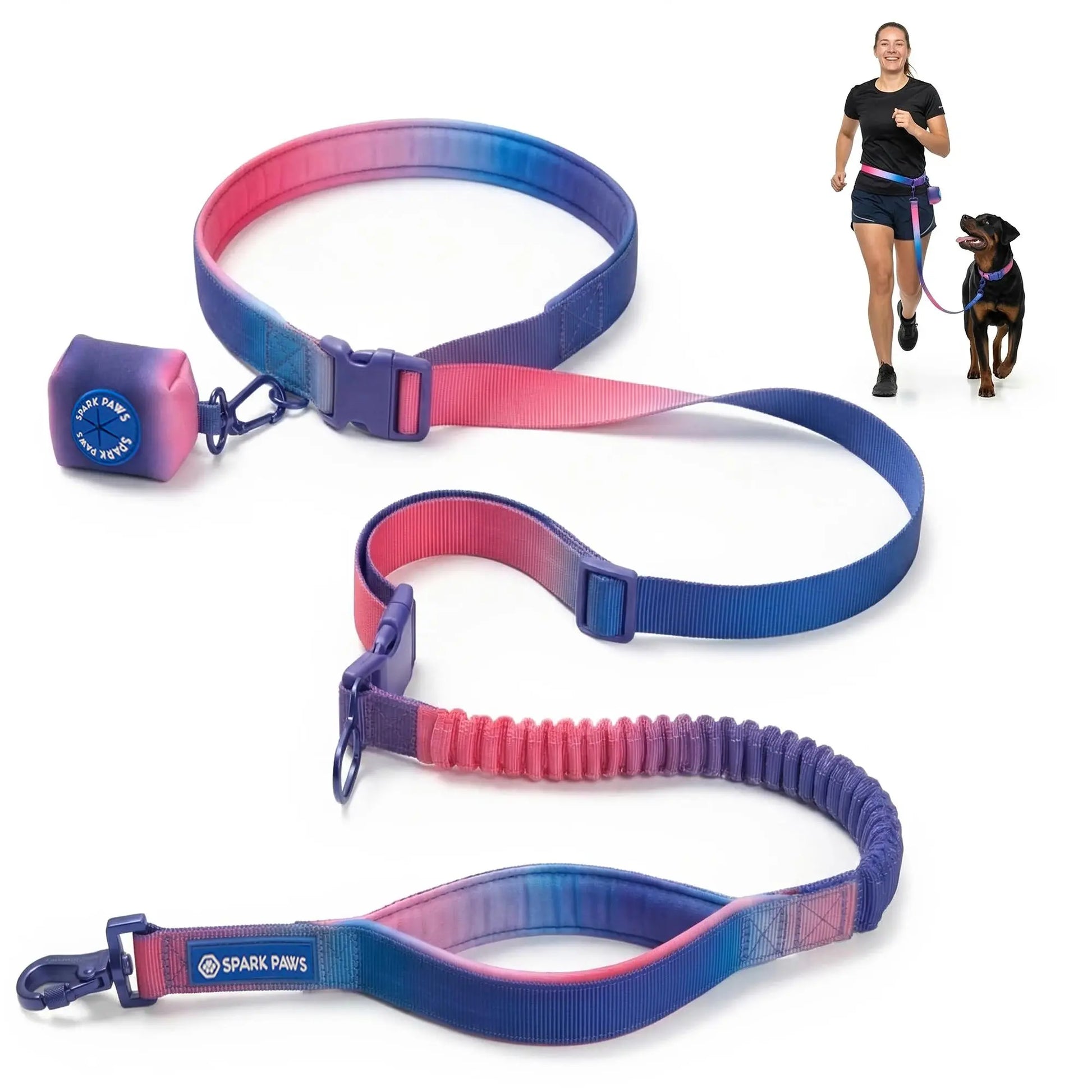 Spark Paws Handsfree Dog Leash – Shock Absorbing Waist Bungee Lead for Running, Car Seatbelt Clip & Poop Bag Set, Heavy Duty Tactical Lead for Medium, Large & X-Large Breeds