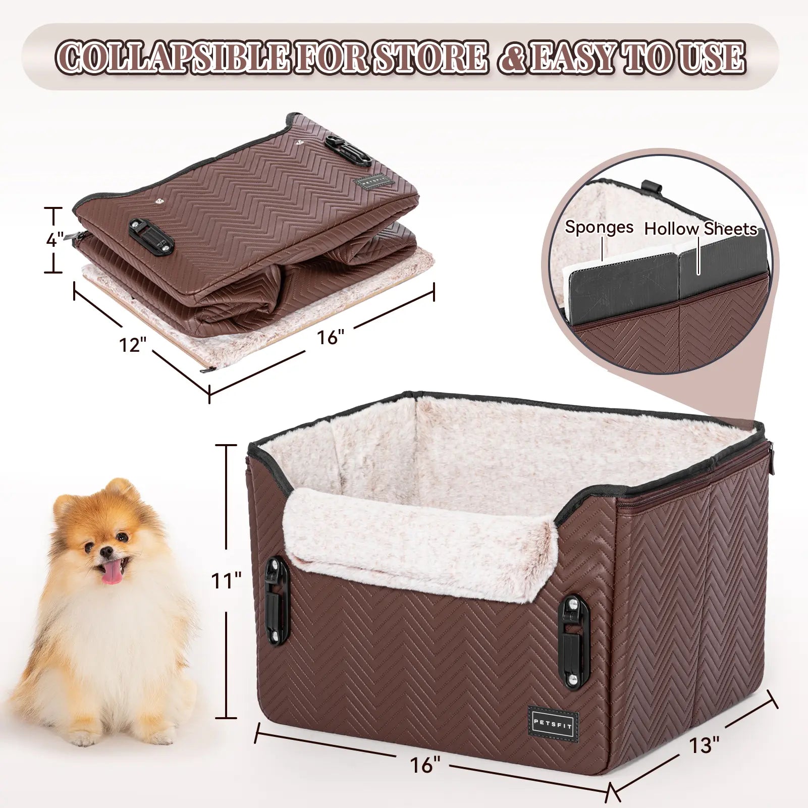[5-Year Warranty] PETSFIT Small Dog Car Seat, Waterproof PU Leather Dog Carseat with Patent Safe Buckles, Clip-On Leash, Car Seat for Dogs, Cats up to 25 Lbs
