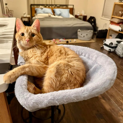 Cat Desk Bed - Space-Saving Semi-Circular Design with One-Click Folding, Soft Faux Rabbit Fur, Supports Up to 40 lbs, Ideal for Various Desktop Surfaces