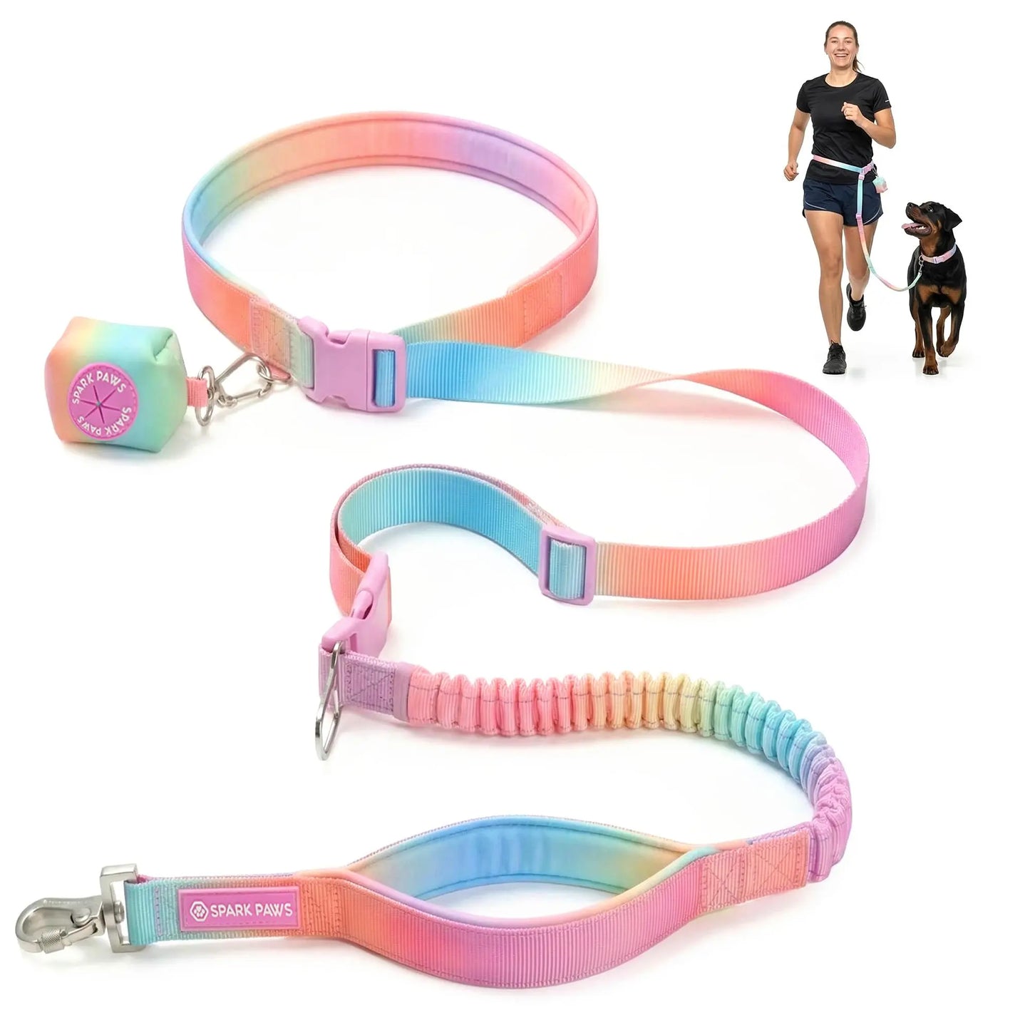 Spark Paws Handsfree Dog Leash – Shock Absorbing Waist Bungee Lead for Running, Car Seatbelt Clip & Poop Bag Set, Heavy Duty Tactical Lead for Medium, Large & X-Large Breeds