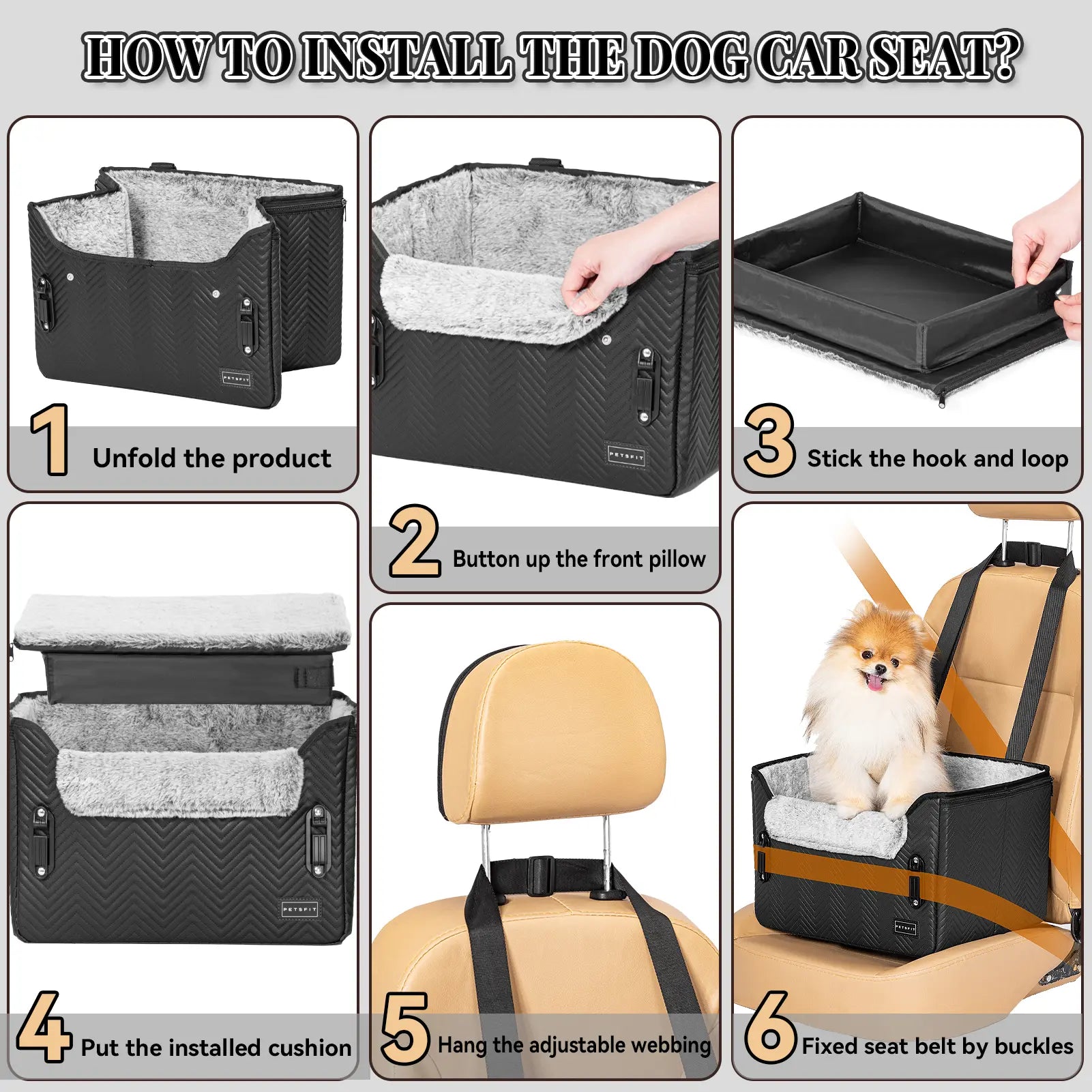 [5-Year Warranty] PETSFIT Small Dog Car Seat, Waterproof PU Leather Dog Carseat with Patent Safe Buckles, Clip-On Leash, Car Seat for Dogs, Cats up to 25 Lbs