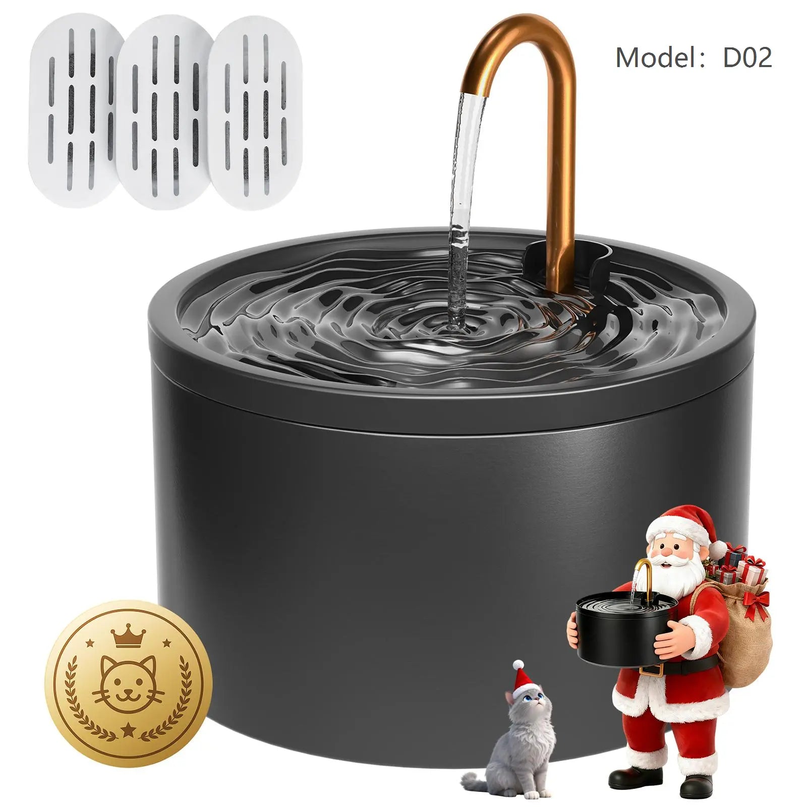 MISFANS 2.1L Ceramic Cat Fountain D02– Ultra Quiet, Self-Cleaning Water Dispenser for Cats & Small Pets | Elegant White/Black Design, Includes 3 Filters & Sponges|Wired Plug-In Model