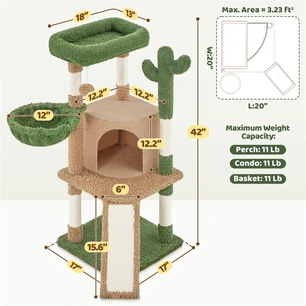 Yaheetech 53" H Cat Cactus Tree Condo Kitten Tree Tower with Sisal, Padded Perch, Platform, Condo, Scratching Posts & Hanging Ball Cat Furniture for Cats