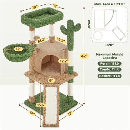 Yaheetech 53" H Cat Cactus Tree Condo Kitten Tree Tower with Sisal, Padded Perch, Platform, Condo, Scratching Posts & Hanging Ball Cat Furniture for Cats