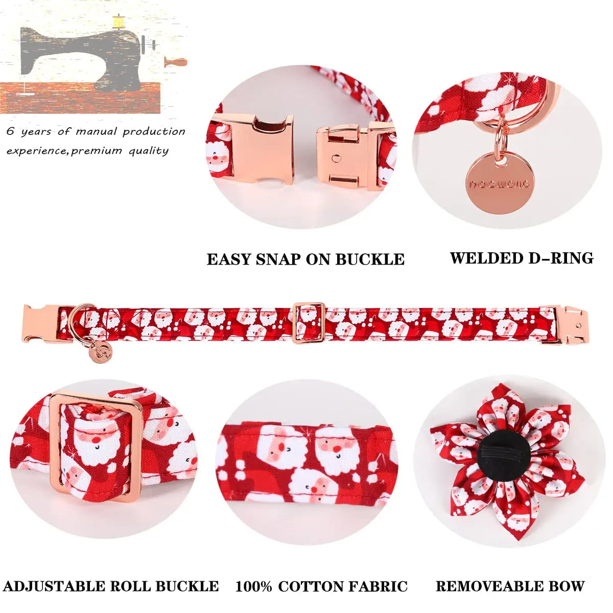 DOGWONG Christmas Dog Collar, Adjustable Santa Claus Dog Accessory - Cotton Collar for Small Medium Large Dogs