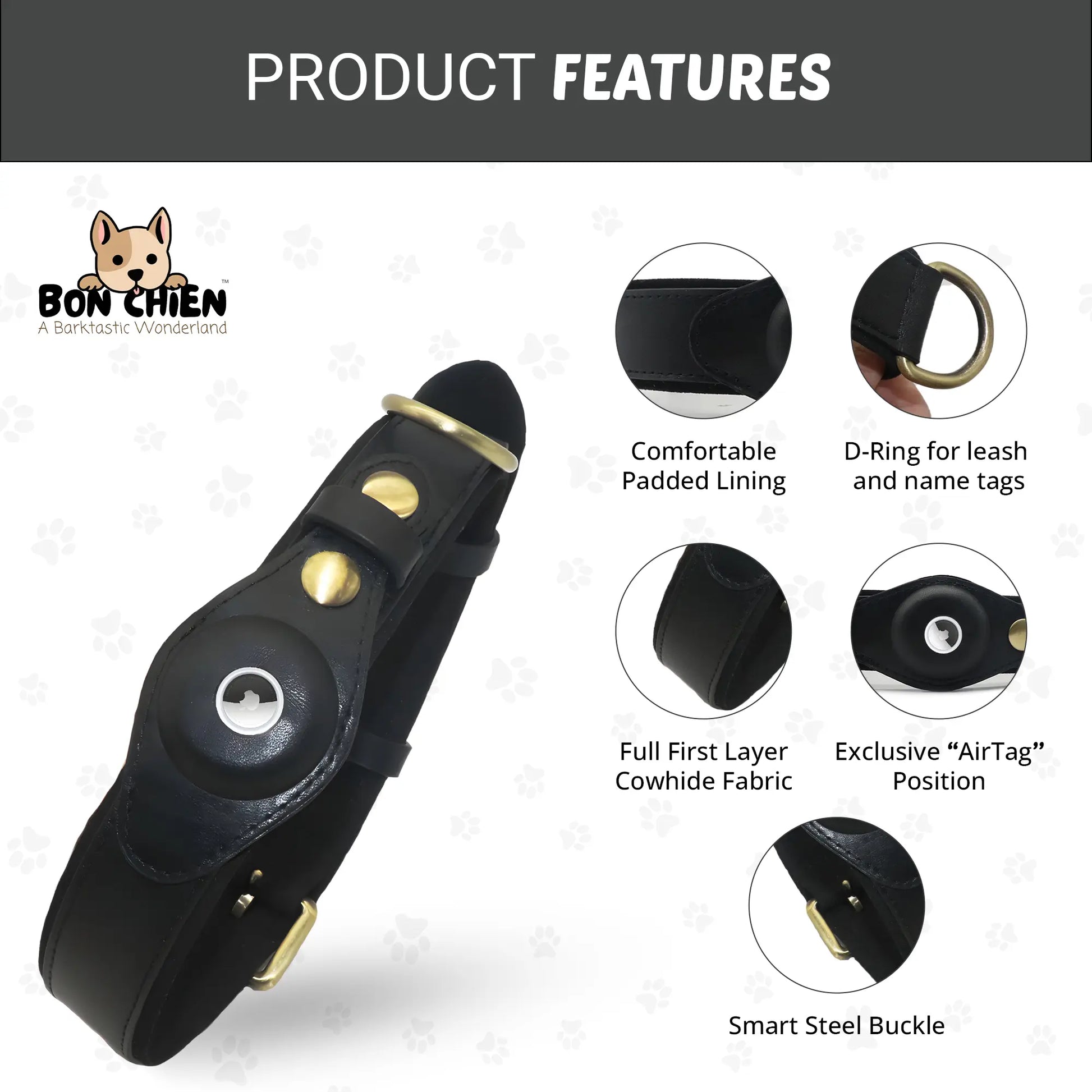 Bon Chien Premium Leather Dog Collar with Apple AirTag Holder - Waterproof and Adjustable Pet Accessory for Secure Tracking of Your Beloved Dog