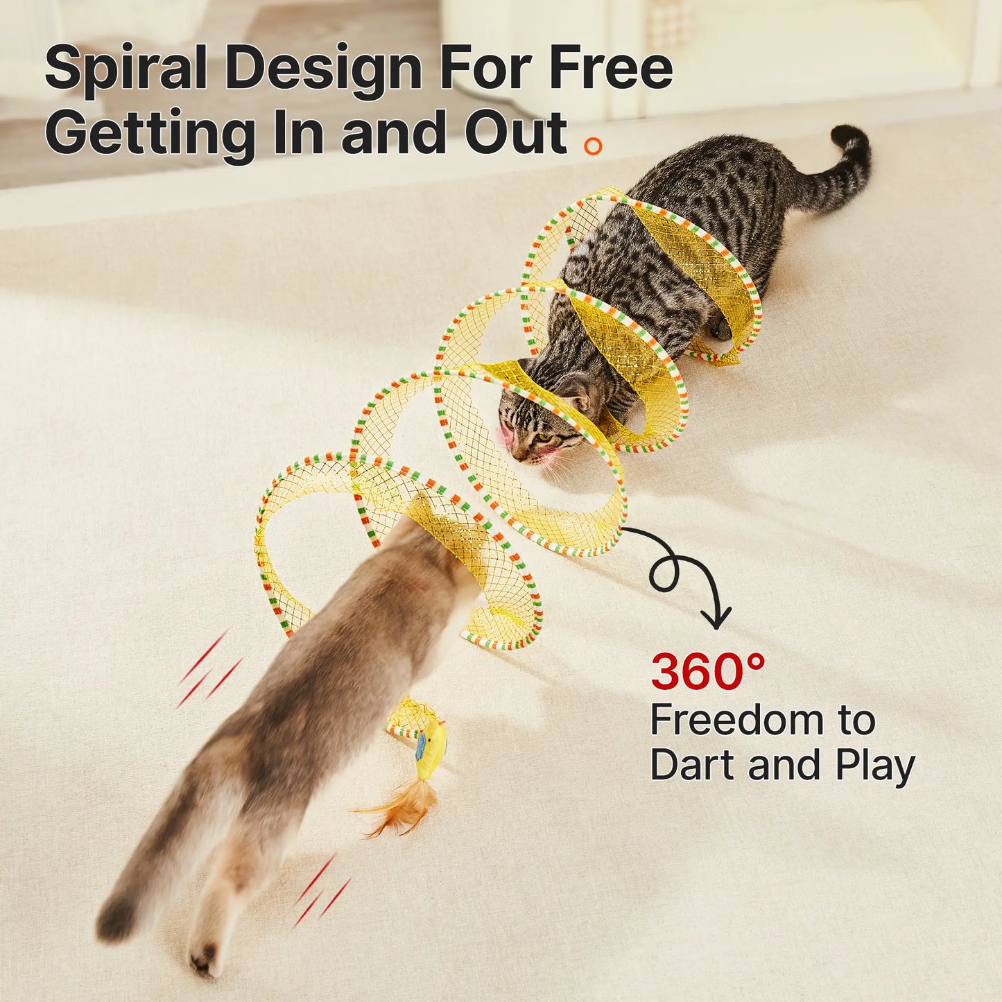 Potaroma Spiral Tunnel Cat Toy, Collapsible Spring Play Tunnel with Feather & Bell for Indoor Cats, 20 Inches Unfolded