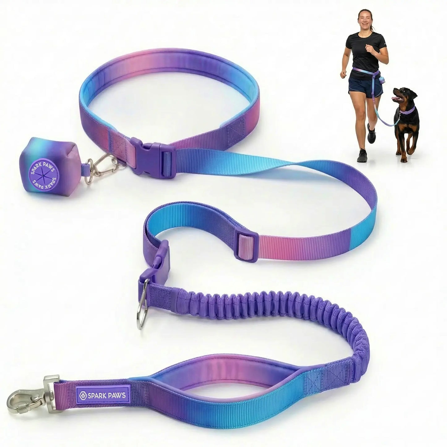 Spark Paws Handsfree Dog Leash – Shock Absorbing Waist Bungee Lead for Running, Car Seatbelt Clip & Poop Bag Set, Heavy Duty Tactical Lead for Medium, Large & X-Large Breeds