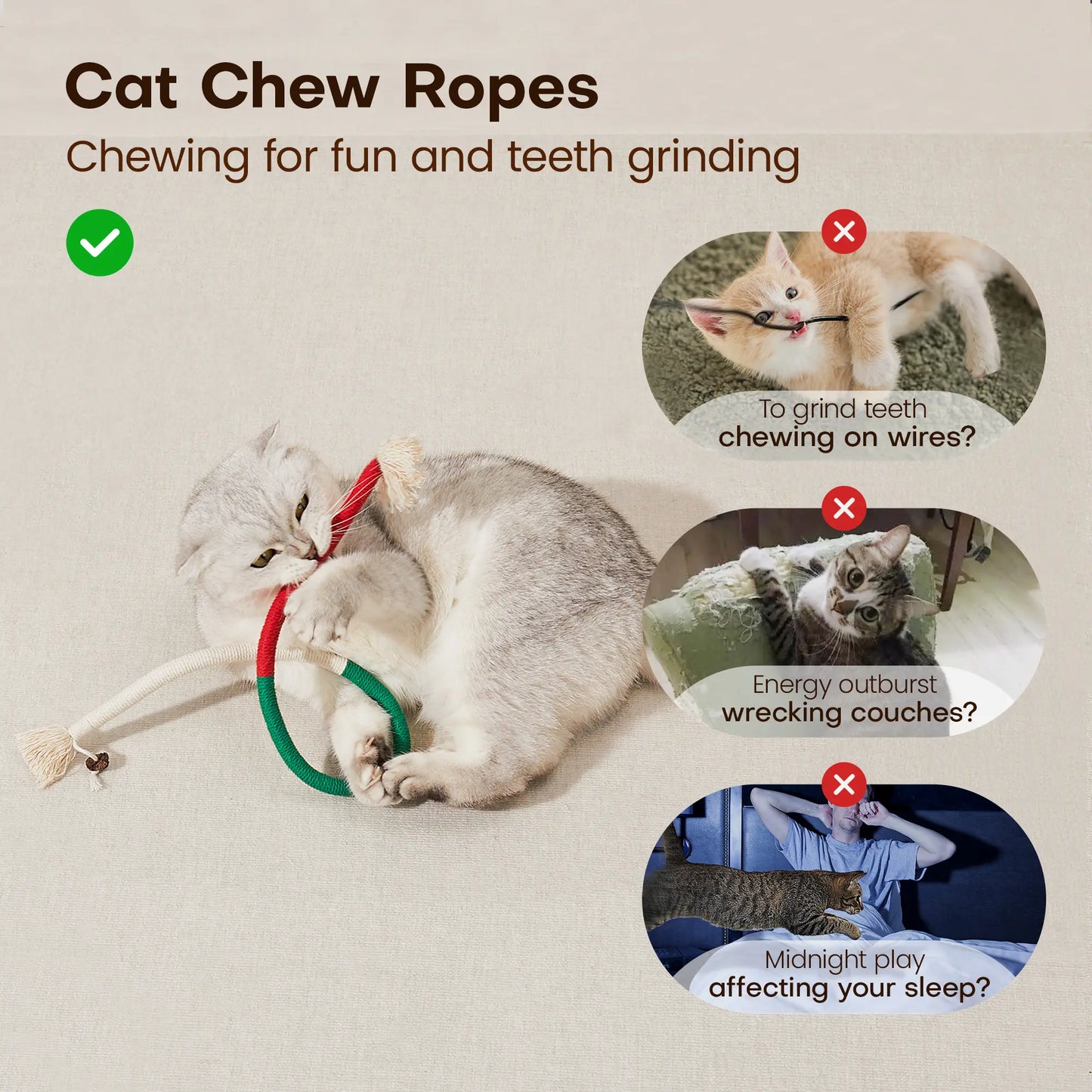 Potaroma 3-Piece Cat Chew Rope Toys, Safe Dental Care & Calming Interactive Toys for Indoor Kittens