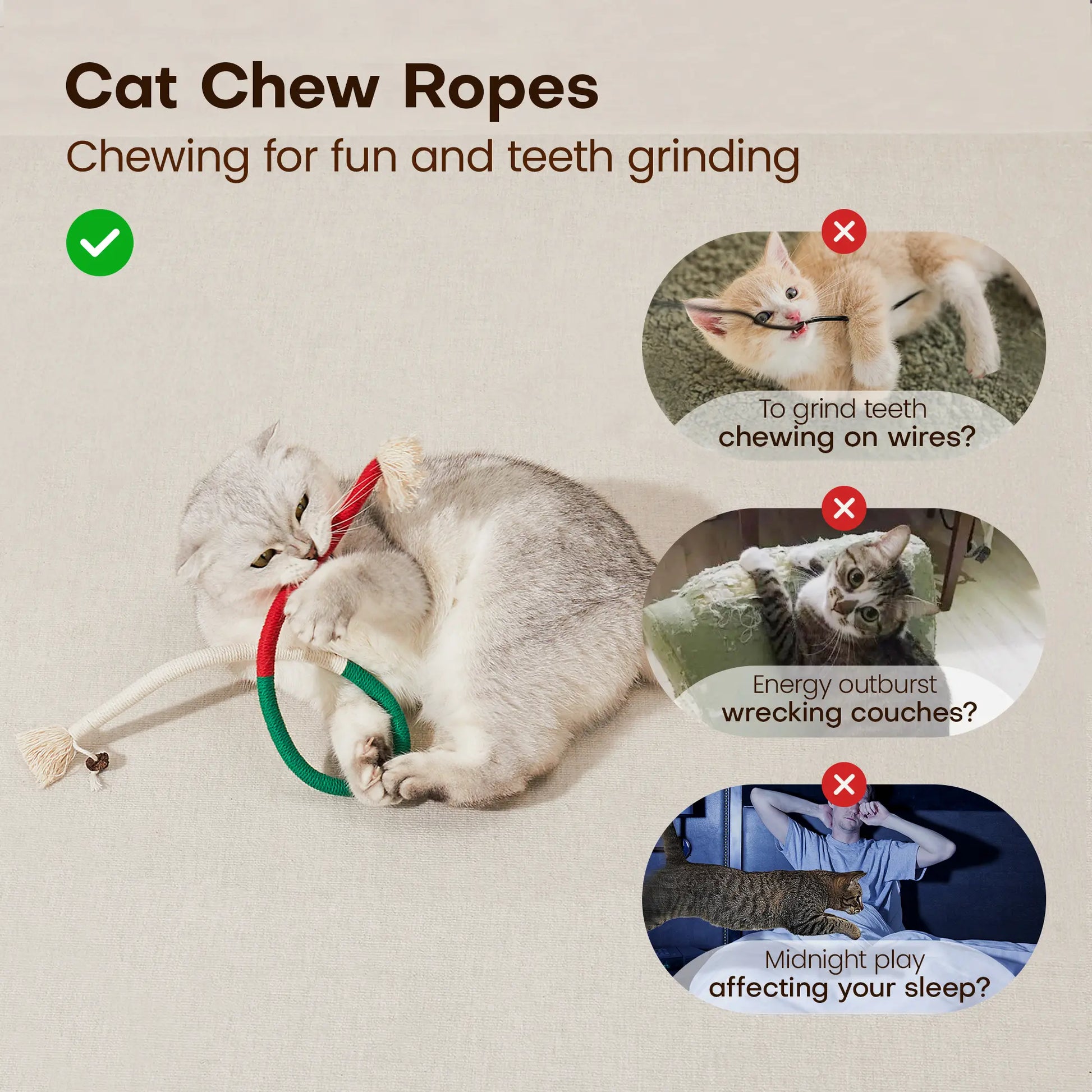 Potaroma 3-Piece Cat Chew Rope Toys, Safe Dental Care & Calming Interactive Toys for Indoor Kittens