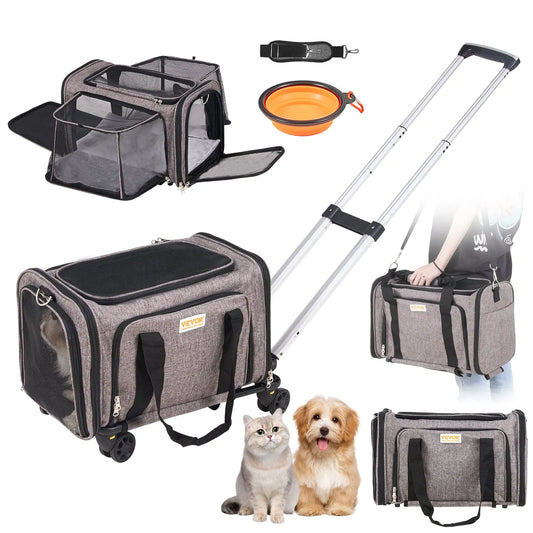 VEVOR Cat Carrier with Wheels, Tiktokshopblackfriday, Airline Approved Rolling Pet Carrier with Telescopic Handle and Shoulder Strap, Dog Carrier with Wheels for Pets, with 1 Folding Bow Summervibesl