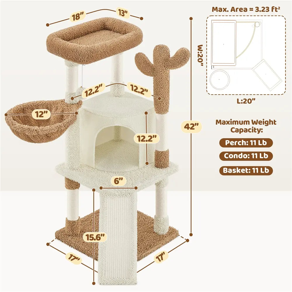 Yaheetech 53" H Cat Cactus Tree Condo Kitten Tree Tower with Sisal, Padded Perch, Platform, Condo, Scratching Posts & Hanging Ball Cat Furniture for Cats