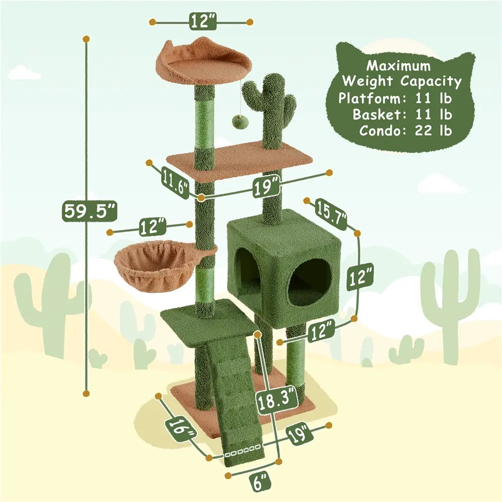 Yaheetech 53" H Cat Cactus Tree Condo Kitten Tree Tower with Sisal, Padded Perch, Platform, Condo, Scratching Posts & Hanging Ball Cat Furniture for Cats
