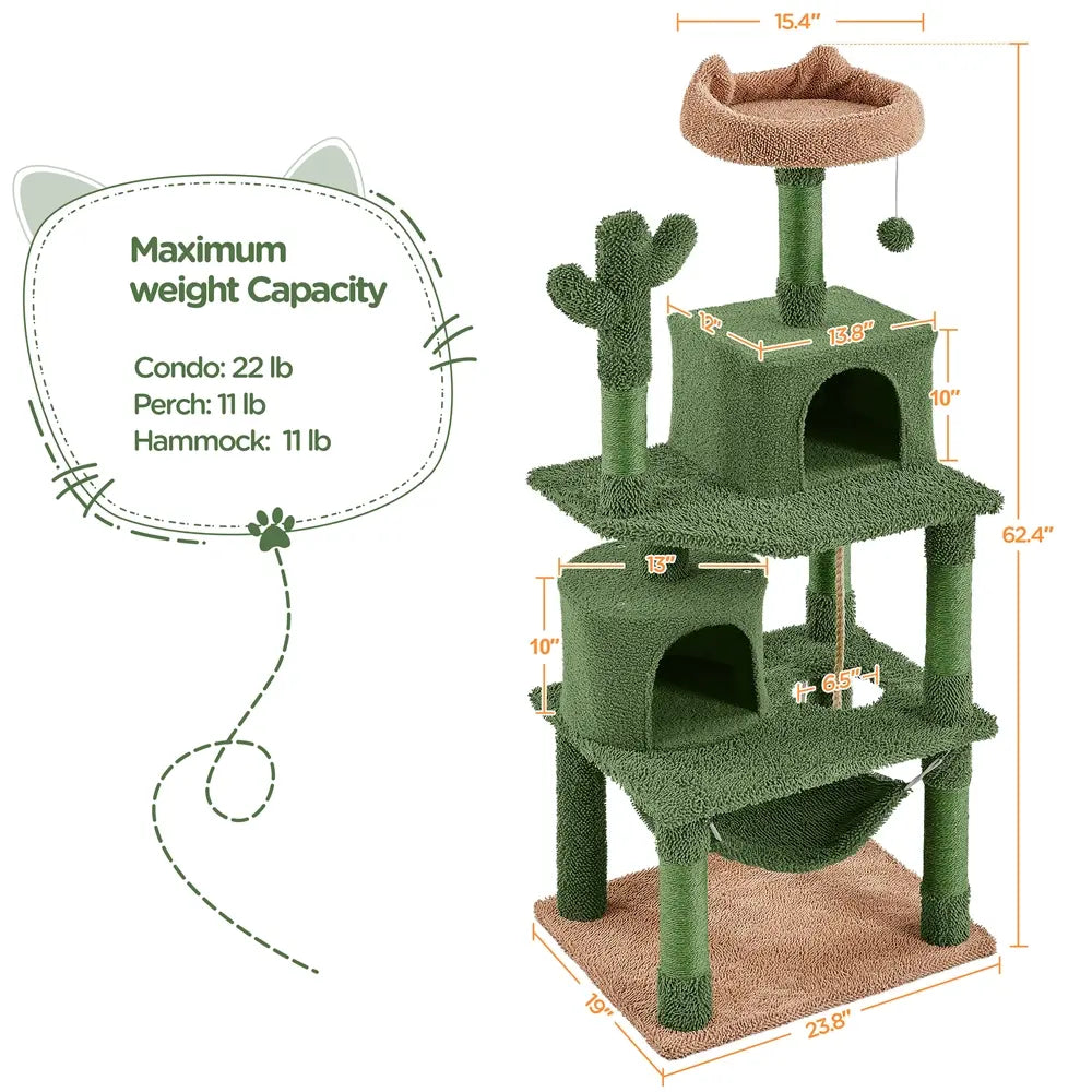 Yaheetech 53" H Cat Cactus Tree Condo Kitten Tree Tower with Sisal, Padded Perch, Platform, Condo, Scratching Posts & Hanging Ball Cat Furniture for Cats