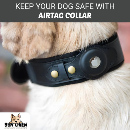 Bon Chien Premium Leather Dog Collar with Apple AirTag Holder - Waterproof and Adjustable Pet Accessory for Secure Tracking of Your Beloved Dog
