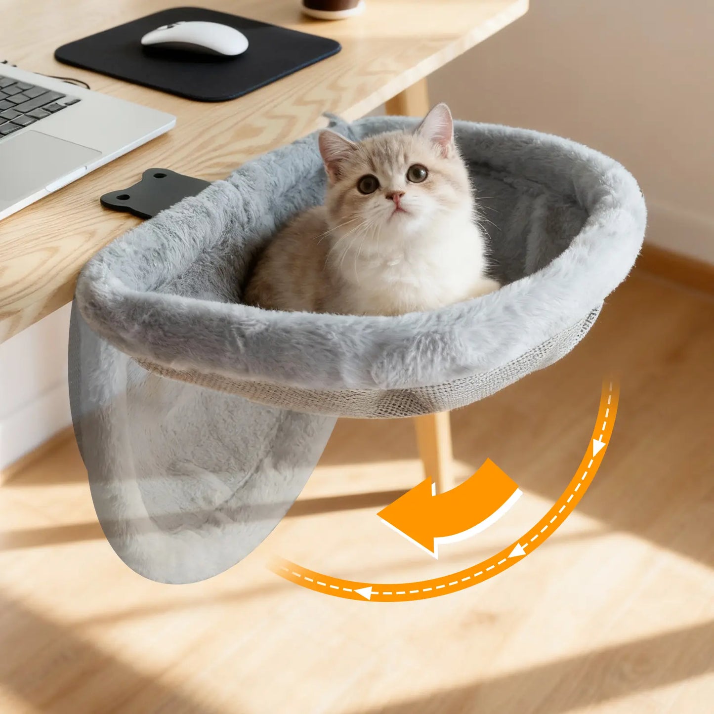 Cat Desk Bed - Space-Saving Semi-Circular Design with One-Click Folding, Soft Faux Rabbit Fur, Supports Up to 40 lbs, Ideal for Various Desktop Surfaces