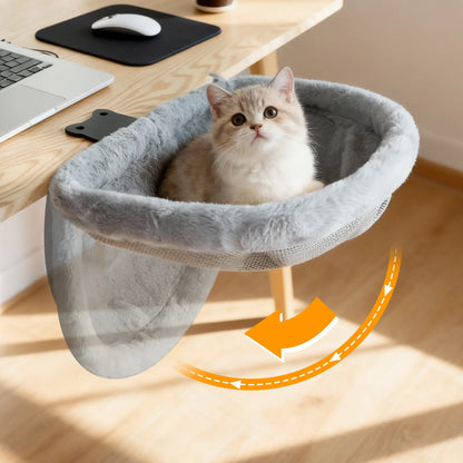 Cat Desk Bed - Space-Saving Semi-Circular Design with One-Click Folding, Soft Faux Rabbit Fur, Supports Up to 40 lbs, Ideal for Various Desktop Surfaces
