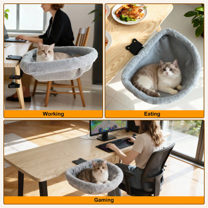 Cat Desk Bed - Space-Saving Semi-Circular Design with One-Click Folding, Soft Faux Rabbit Fur, Supports Up to 40 lbs, Ideal for Various Desktop Surfaces