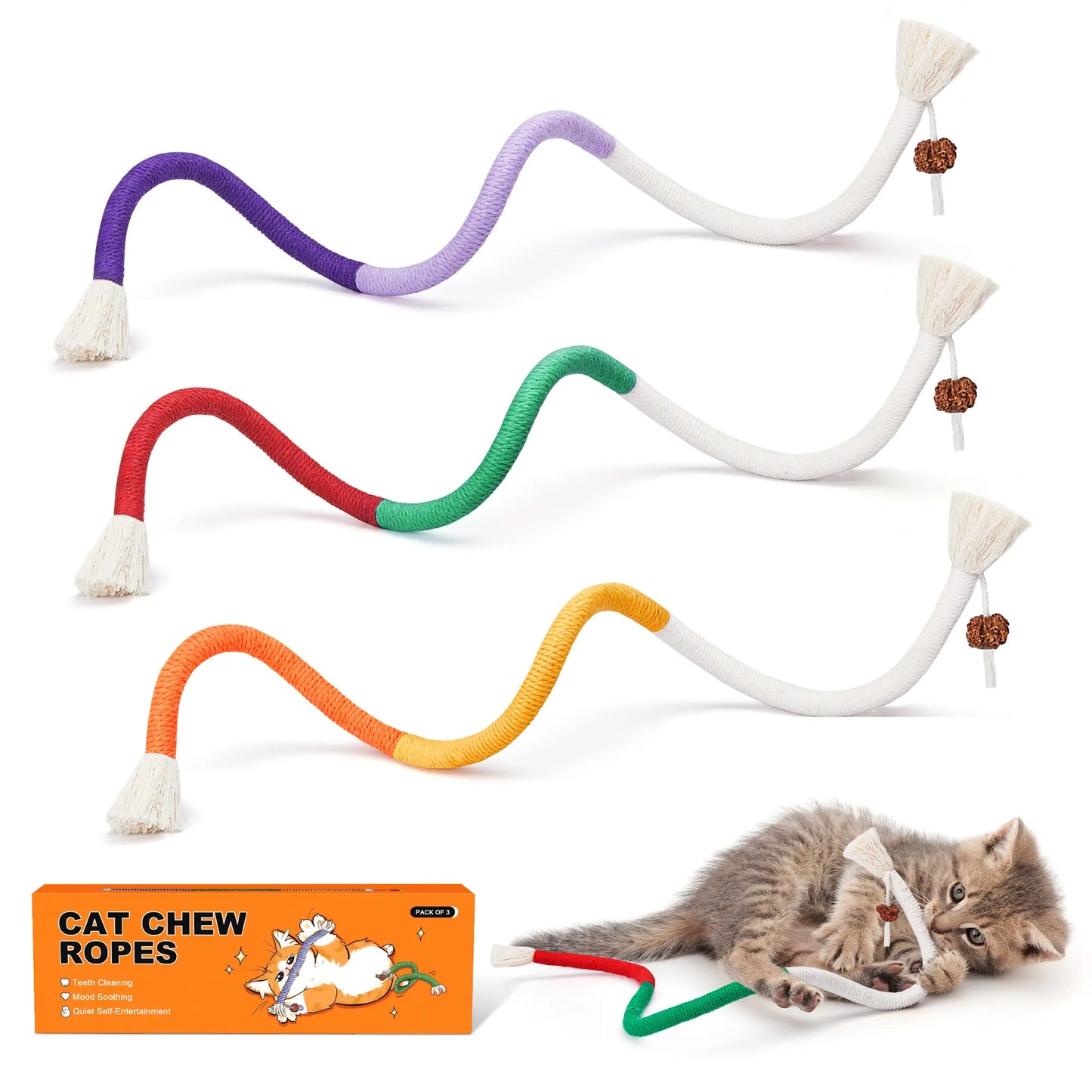 Potaroma 3-Piece Cat Chew Rope Toys, Safe Dental Care & Calming Interactive Toys for Indoor Kittens