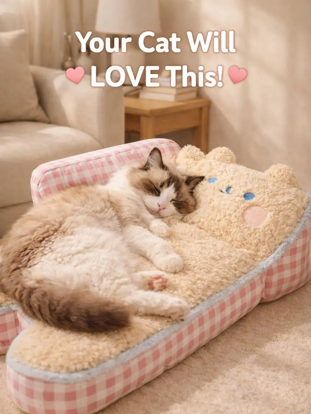 2026 Viral Cat Sofa Bed - Aesthetic Pink Gingham Plush Pet Couch, Orthopedic & Calming Soft Fleece Lounger for Cats & Small Dogs #Tiktokmademebuyit Bedding