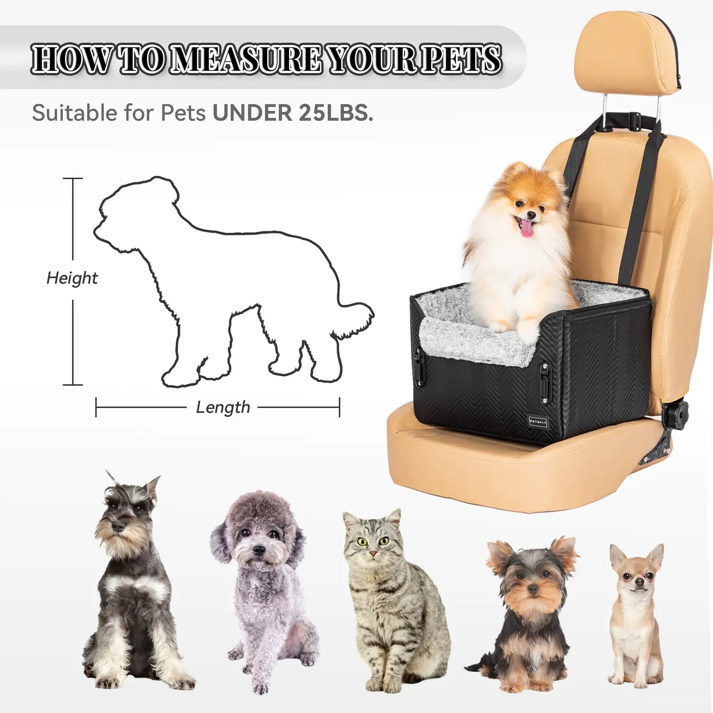 [5-Year Warranty] PETSFIT Small Dog Car Seat, Waterproof PU Leather Dog Carseat with Patent Safe Buckles, Clip-On Leash, Car Seat for Dogs, Cats up to 25 Lbs