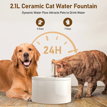 MISFANS 2.1L Ceramic Cat Fountain D02– Ultra Quiet, Self-Cleaning Water Dispenser for Cats & Small Pets | Elegant White/Black Design, Includes 3 Filters & Sponges|Wired Plug-In Model