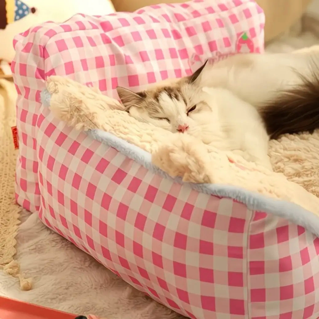 2026 Viral Cat Sofa Bed - Aesthetic Pink Gingham Plush Pet Couch, Orthopedic & Calming Soft Fleece Lounger for Cats & Small Dogs #Tiktokmademebuyit Bedding