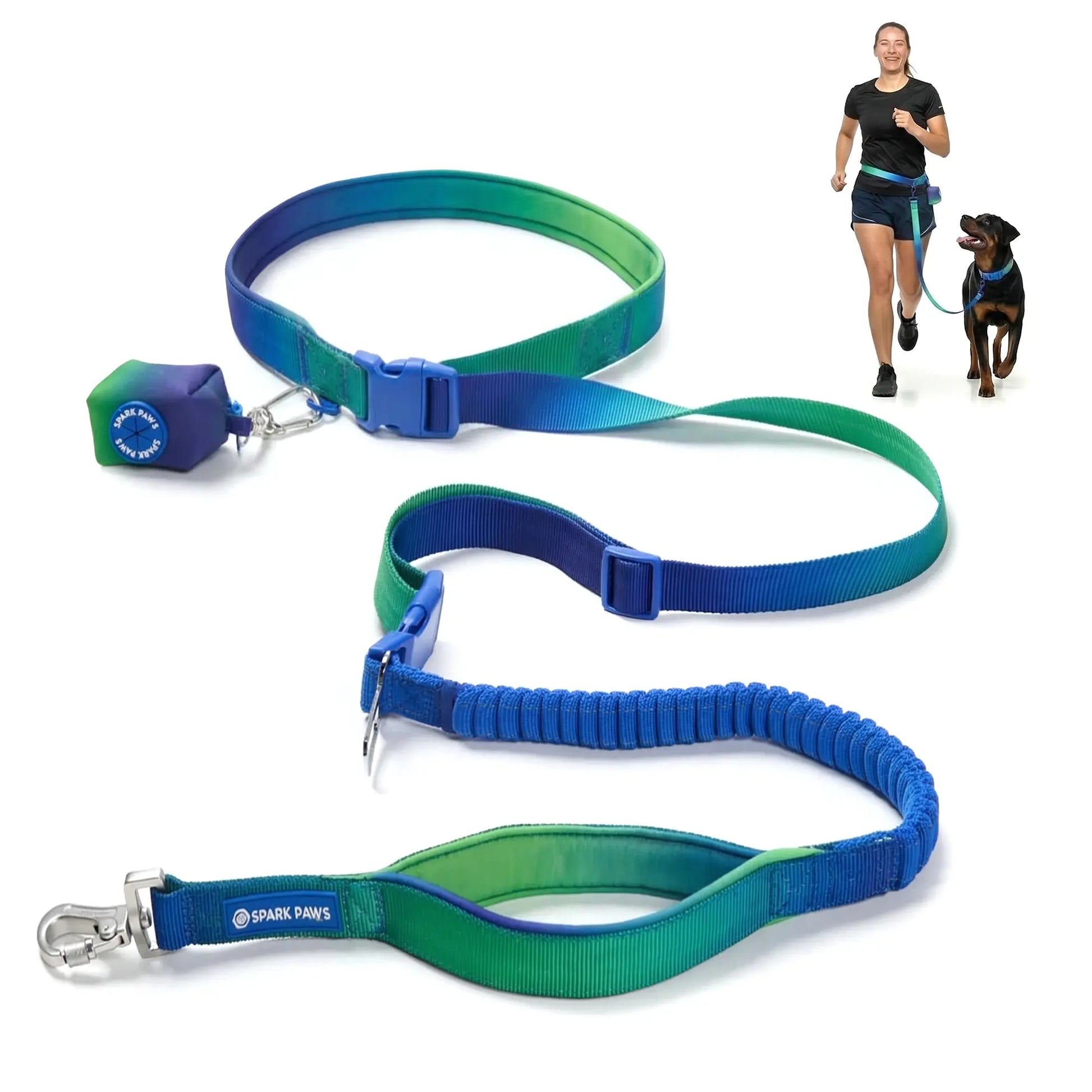 Spark Paws Handsfree Dog Leash – Shock Absorbing Waist Bungee Lead for Running, Car Seatbelt Clip & Poop Bag Set, Heavy Duty Tactical Lead for Medium, Large & X-Large Breeds