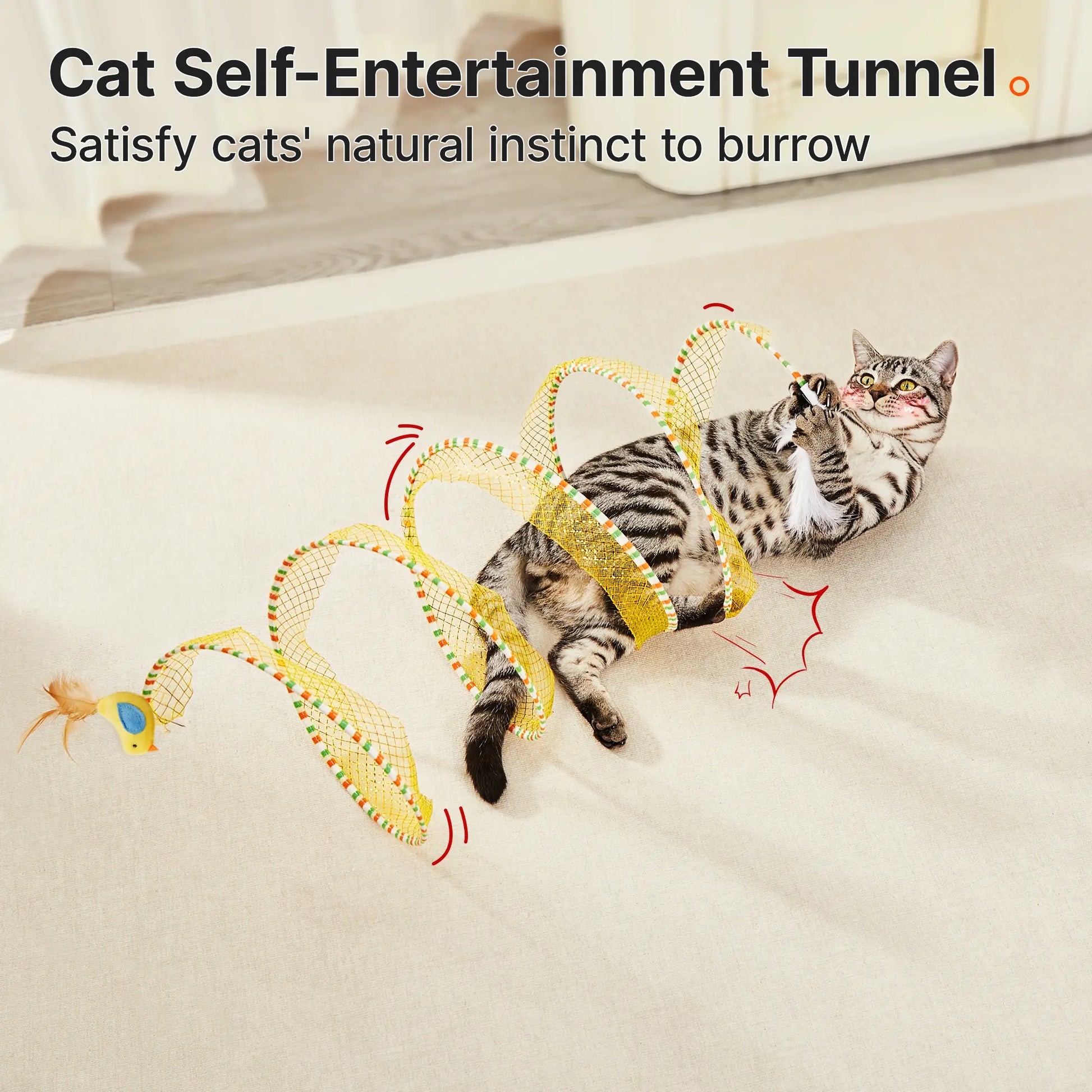 Potaroma Spiral Tunnel Cat Toy, Collapsible Spring Play Tunnel with Feather & Bell for Indoor Cats, 20 Inches Unfolded