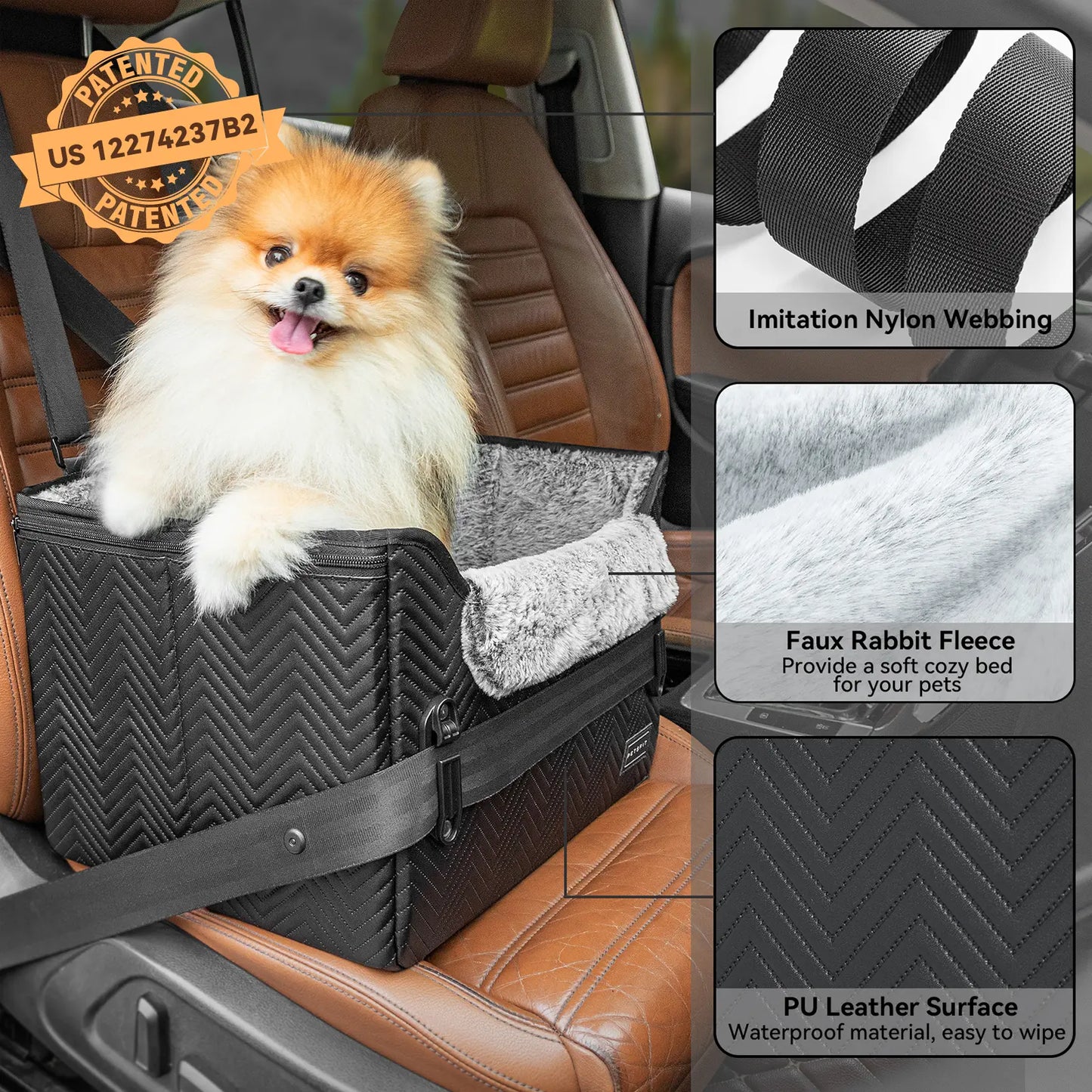 [5-Year Warranty] PETSFIT Small Dog Car Seat, Waterproof PU Leather Dog Carseat with Patent Safe Buckles, Clip-On Leash, Car Seat for Dogs, Cats up to 25 Lbs