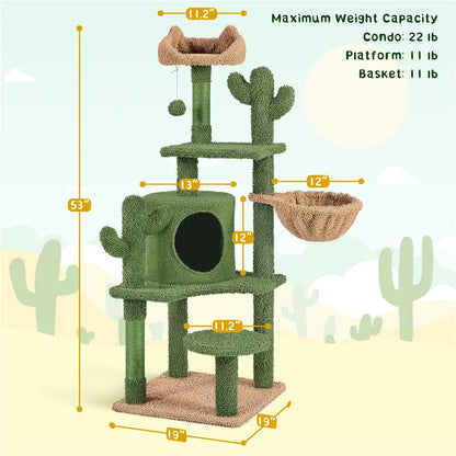 Yaheetech 53" H Cat Cactus Tree Condo Kitten Tree Tower with Sisal, Padded Perch, Platform, Condo, Scratching Posts & Hanging Ball Cat Furniture for Cats