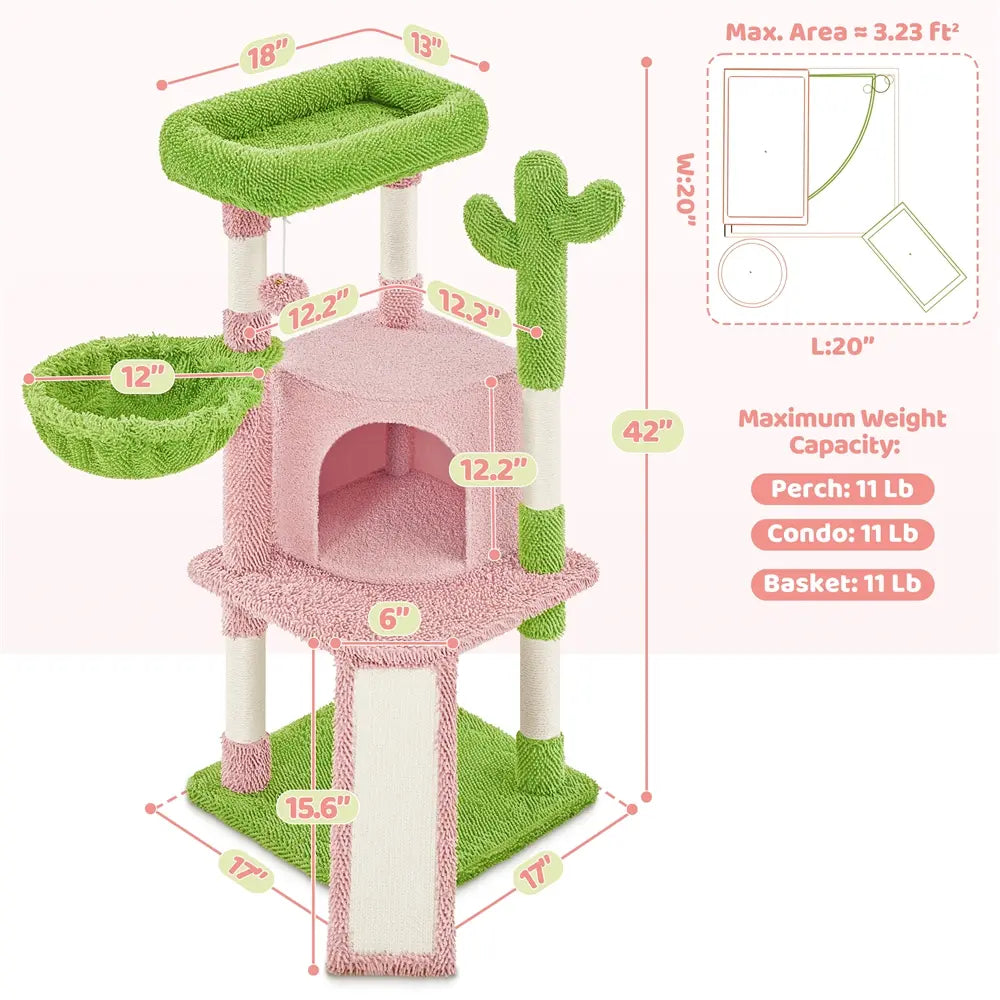 Yaheetech 53" H Cat Cactus Tree Condo Kitten Tree Tower with Sisal, Padded Perch, Platform, Condo, Scratching Posts & Hanging Ball Cat Furniture for Cats